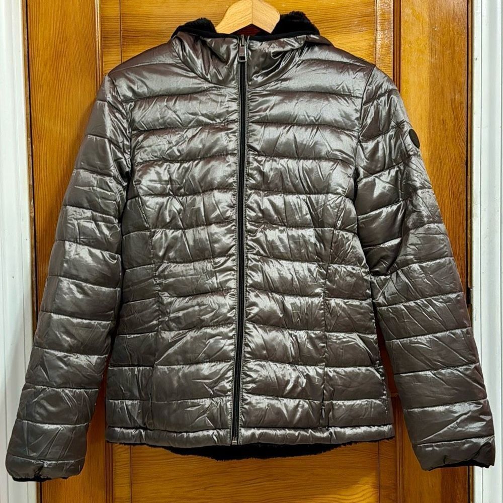 Andrew Marc Reversible Black Faux Fur Silver Puffer Coat Women’s S